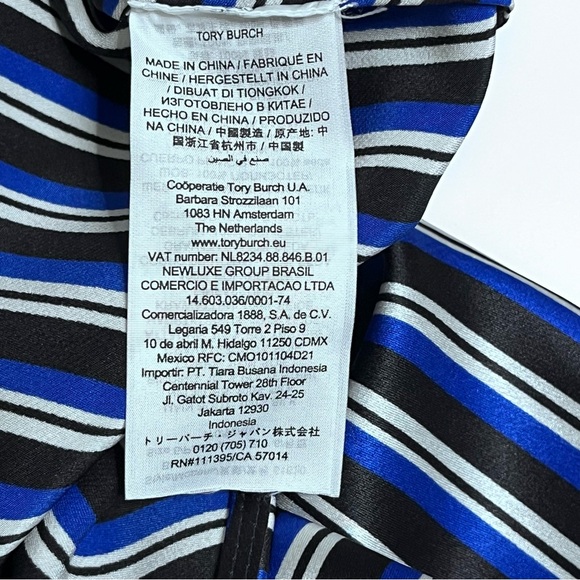 Tory Burch Silk Blue Striped Tie Neck long Sleeves Blouse Size 6 - Picture 13 of 16